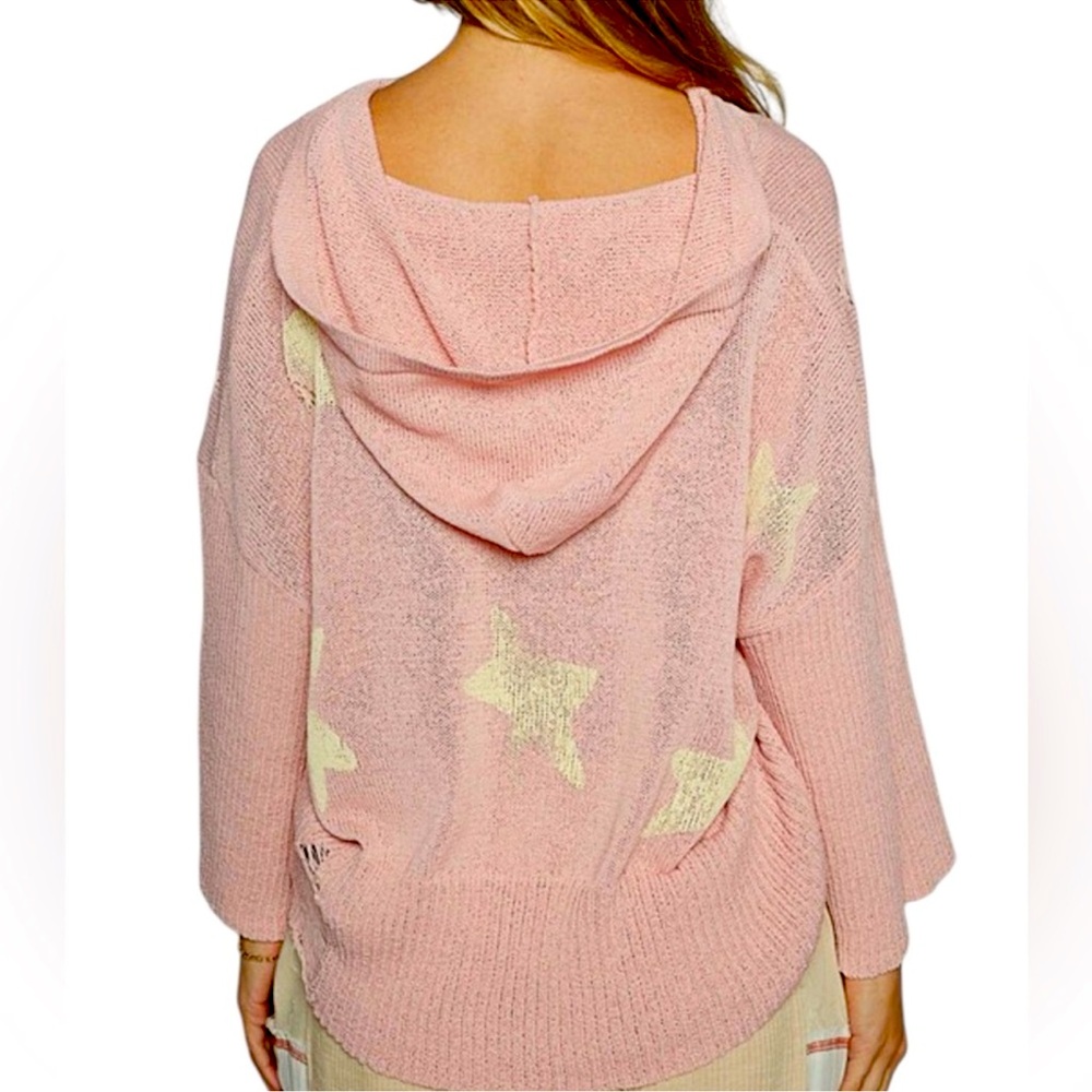 POL Light Pink Star Pattern Distressed Hoodie Sweater Size Medium - Picture 2 of 6
